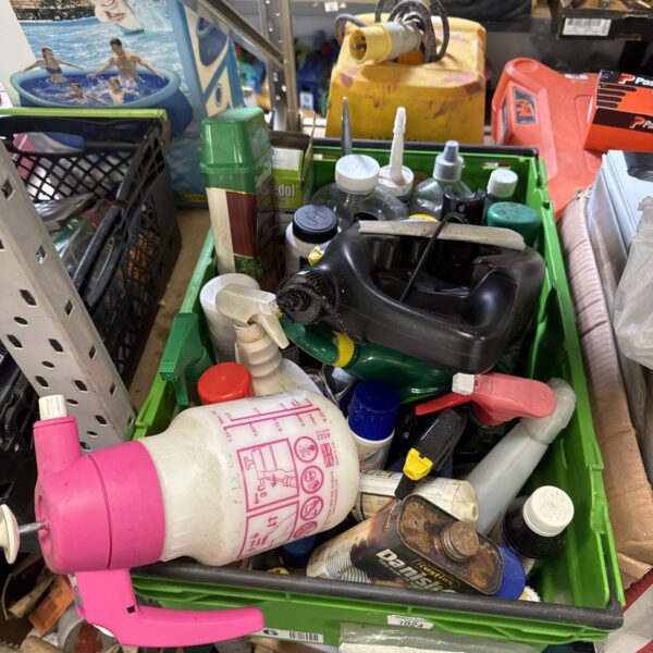 Mixed lot of shed clearance items including weed killer and spray bottle.
