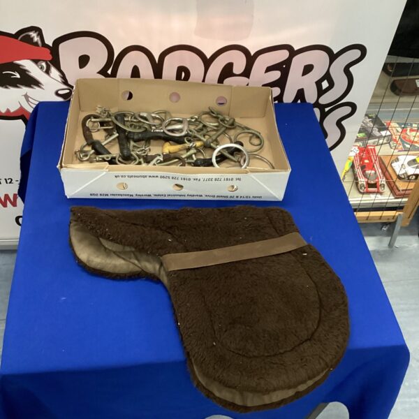 Vintage horse bits and a saddle cloth in an auction lot.