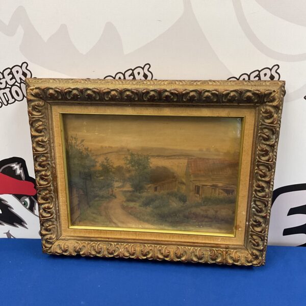 Antique watercolour painting of a charming farmhouse and rural landscape.