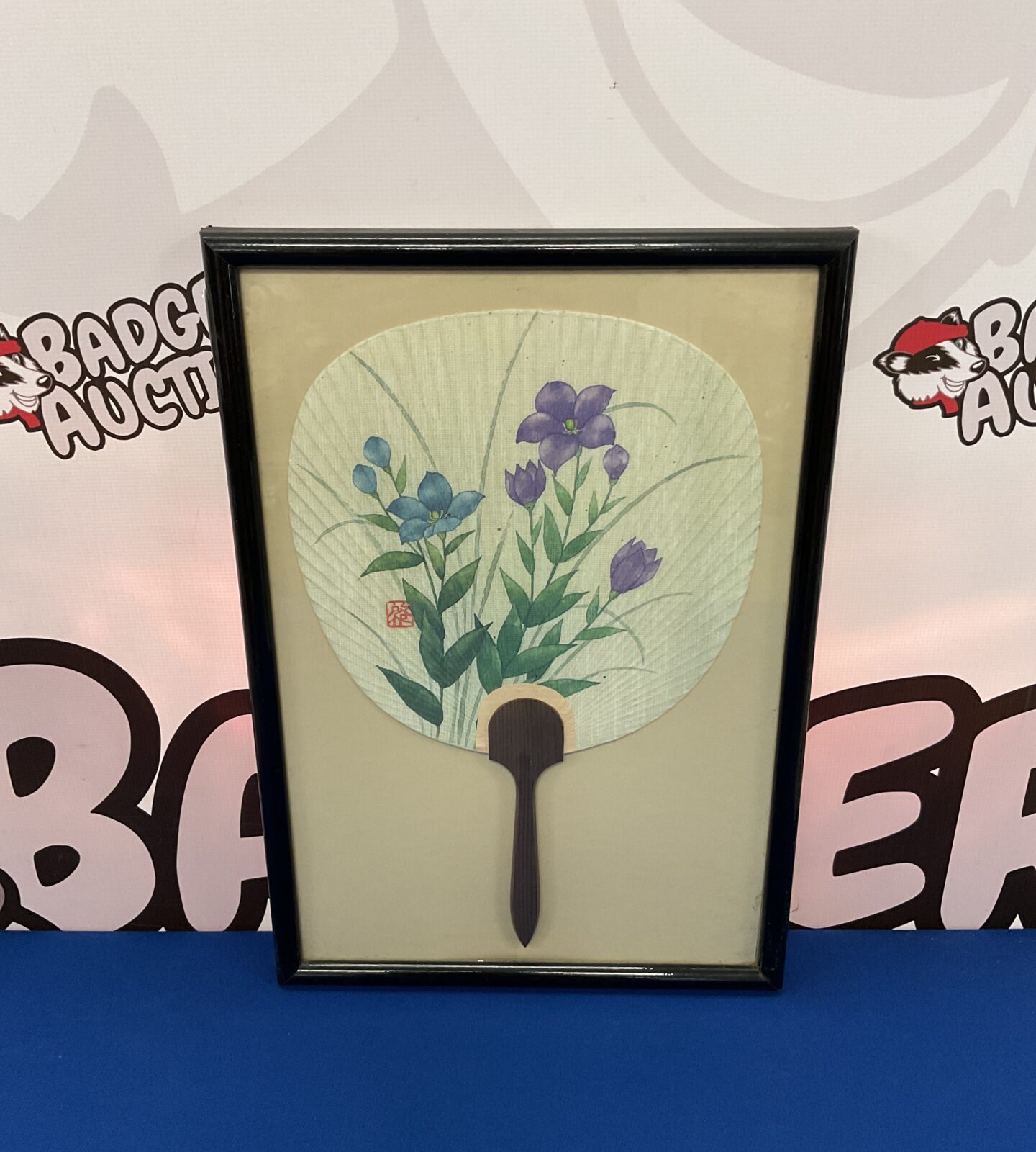 Mid century framed Japanese hand painted floral hand fan