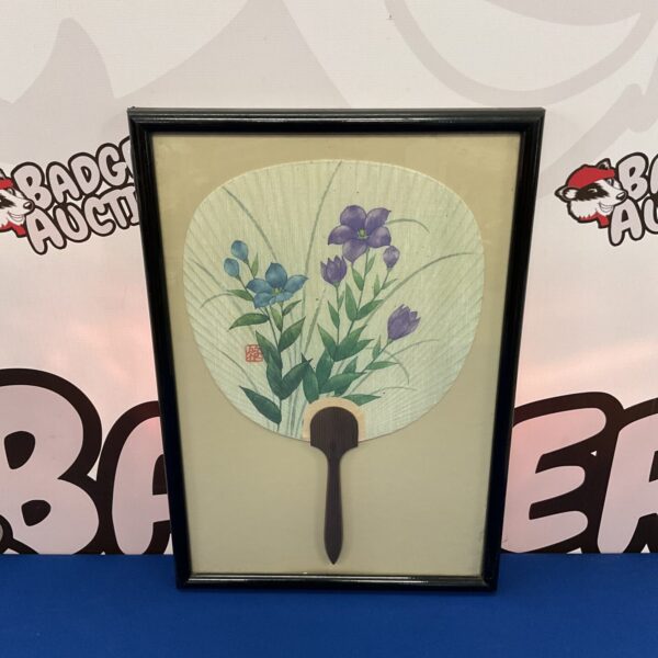 Mid century framed Japanese hand painted floral hand fan
