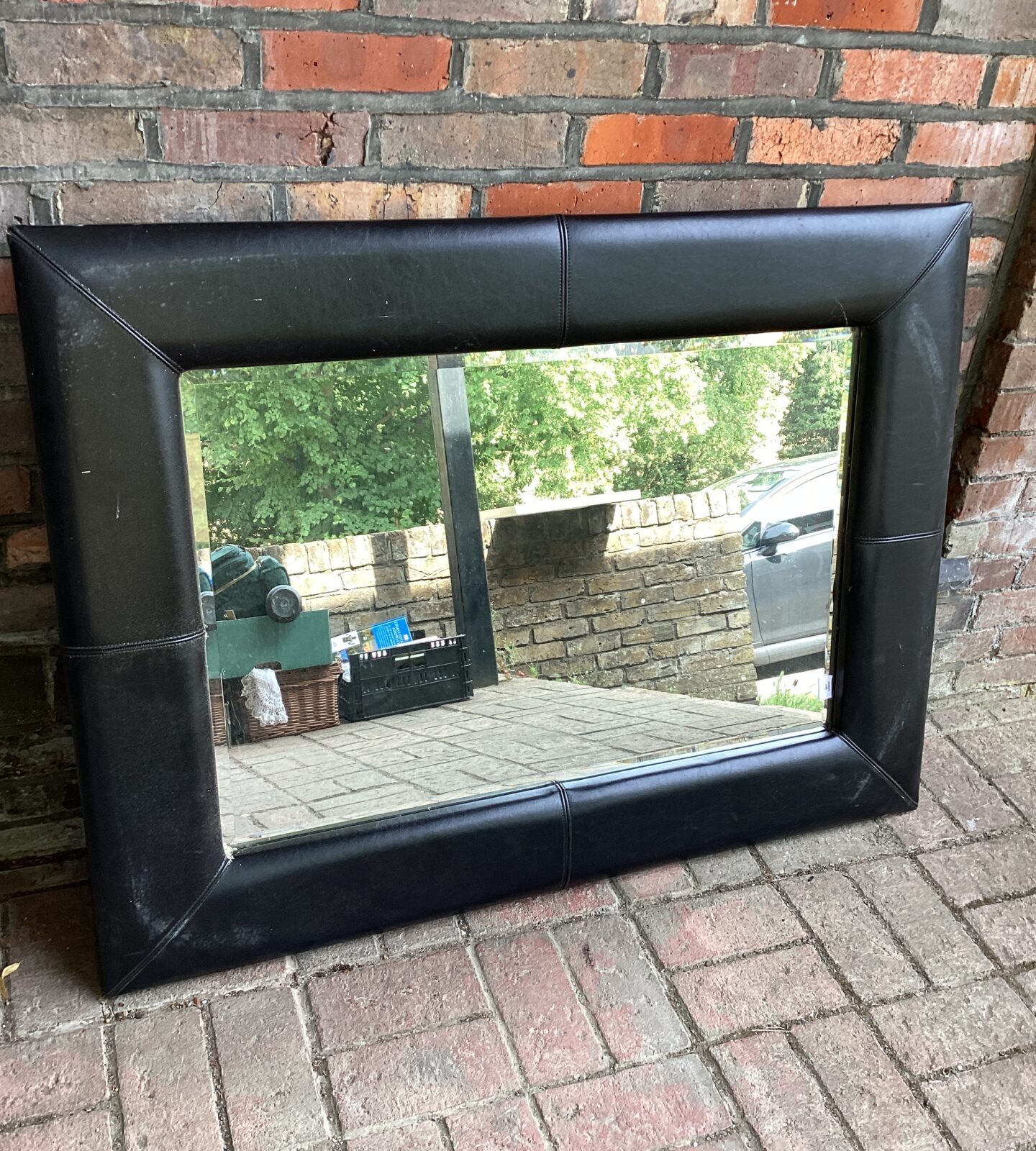 Large leather framed wall hanging mirror 59 x 36’