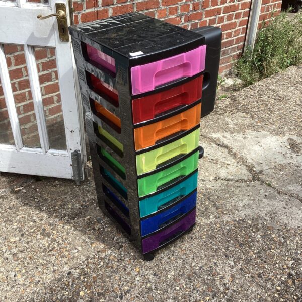 Colourful plastic filing unit for office or home storage.
