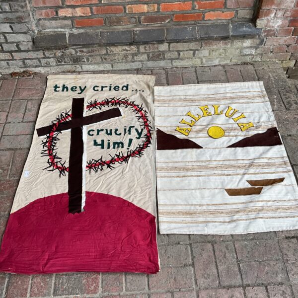 Red religious church banner with vintage texture.