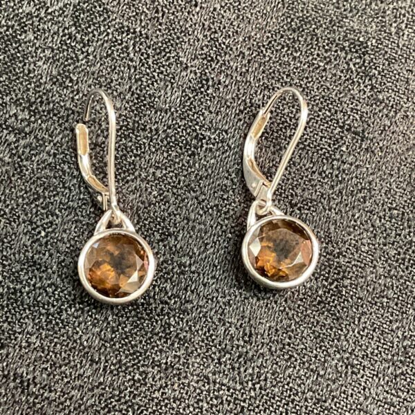 Close-up of silver amber drop earrings with gemstone detail.