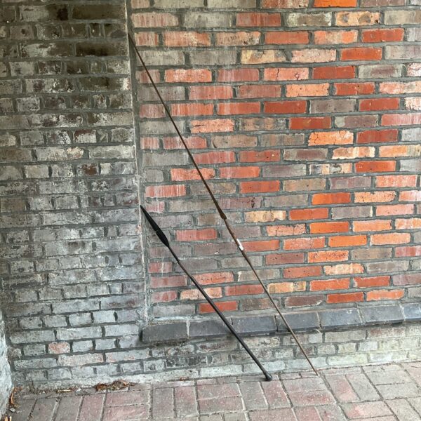 Antique African lion hunting spear with dark wood shaft.
