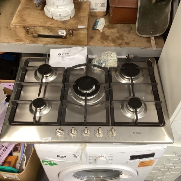 Brushed steel Caple gas hob with five burners for versatile cooking.