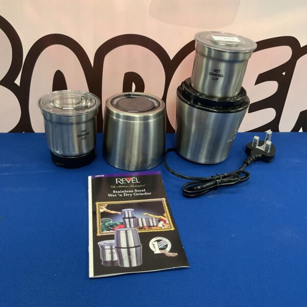 Stainless steel Revel CM182 wet and dry grinder for kitchen use.