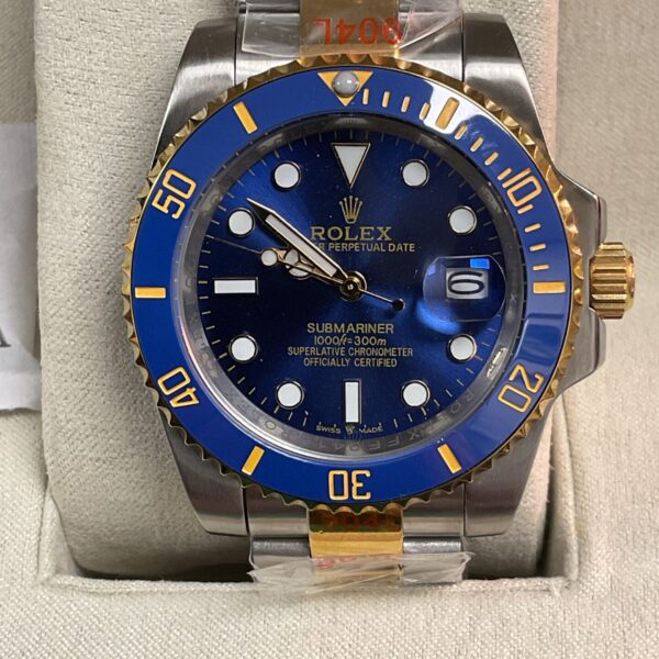 Blue dial reproduction Rolex Submariner automatic wristwatch with date display.