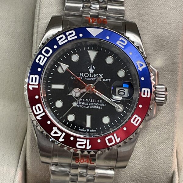 Front view of the GMT Master II reproduction watch with blue and red bezel.
