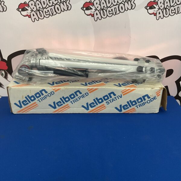 Velbon tripod in original box, vintage photography equipment.