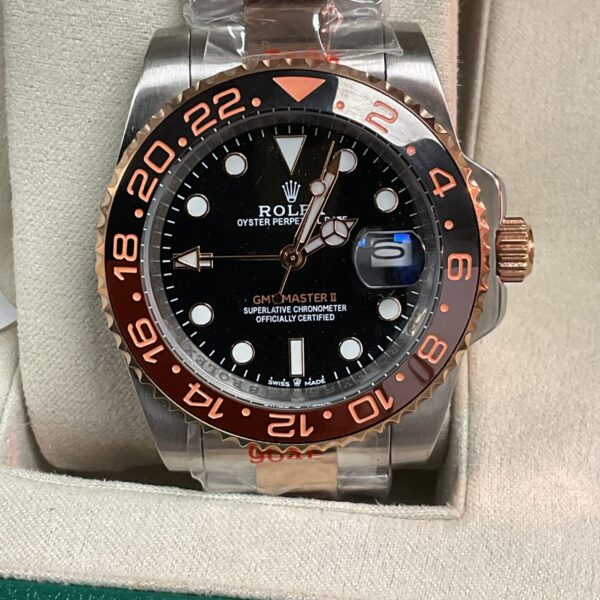 Front view of the stainless steel GMT Master II reproduction watch.