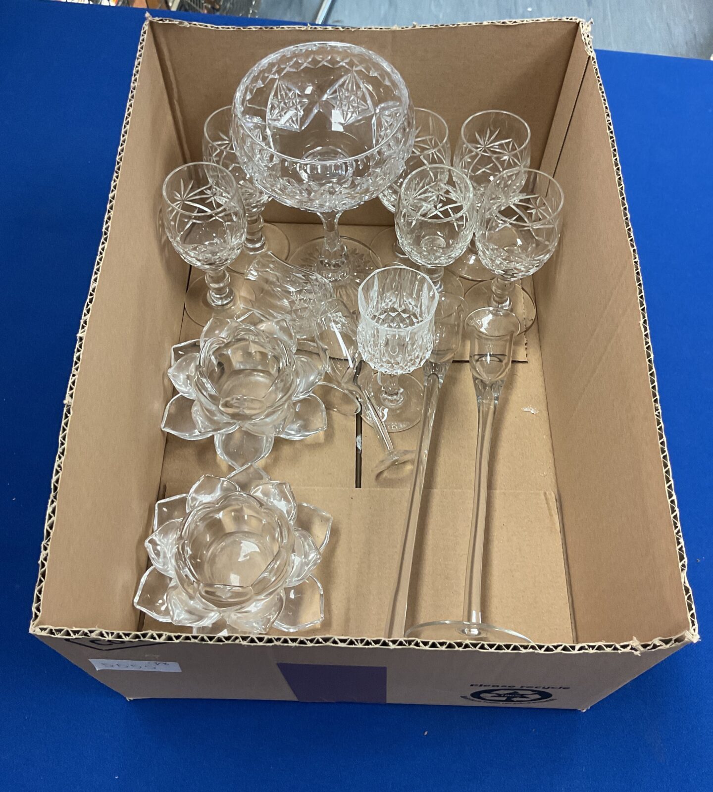Selection of glassware inc cut glass sherry glasses, goblet and candle holders