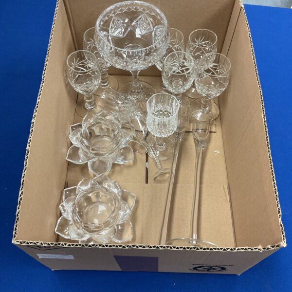 Selection of glassware inc cut glass sherry glasses, goblet and candle holders