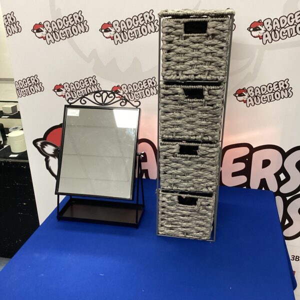 Ikea bathroom mirror and wicker storage unit set.