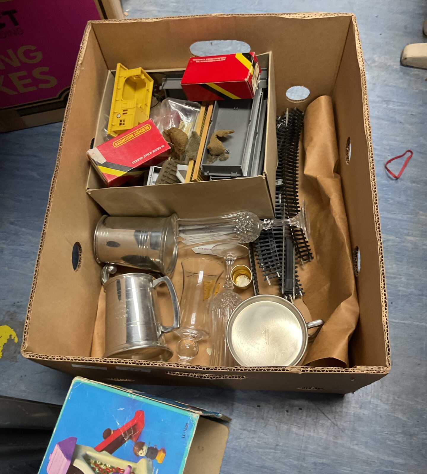 Box of mixed inc glassware, pewter and selection of railway items and accessories - Image 2