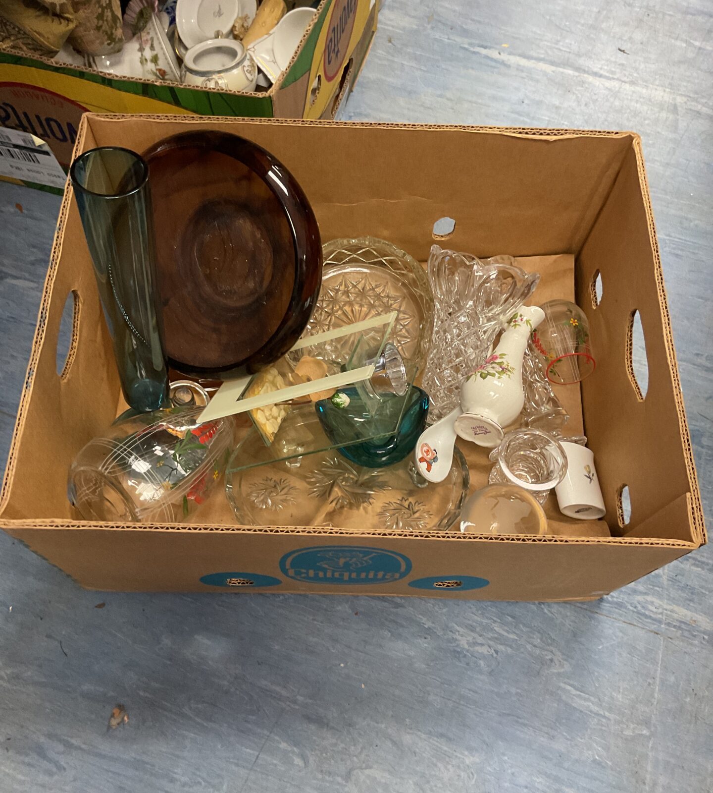 Box if mixed china and glassware inc crystal and old foley