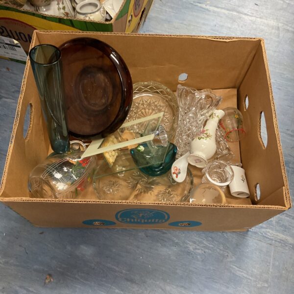 Box if mixed china and glassware inc crystal and old foley