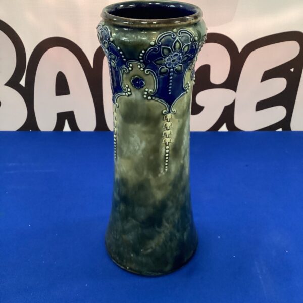 Green Royal Doulton Art Nouveau stoneware vase with floral details.