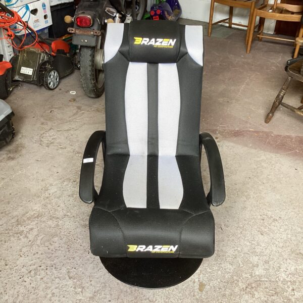 Black and red Brazen gaming chair with swivel base.