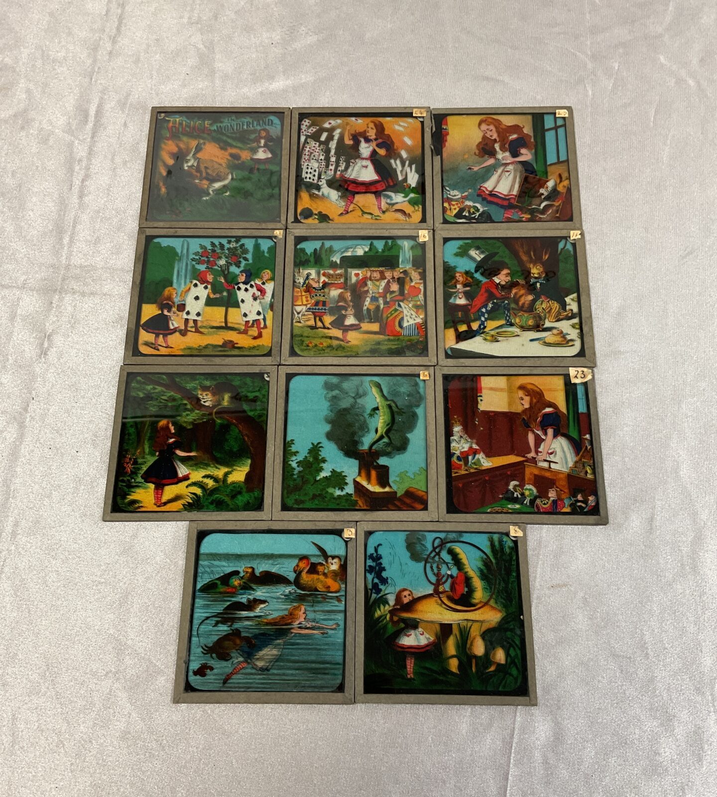 Set of 11 Victorian alice in wonderland magic lantern slides