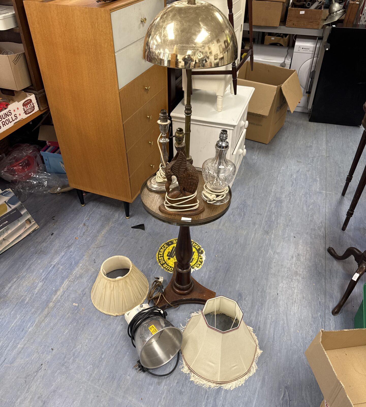 Vintage cocktail table standard lamp with selection of table lamps inc carved wooden crane, two shades & an interfit tungsten 3200 photography lamp