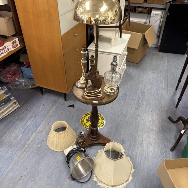 Vintage cocktail table standard lamp with selection of table lamps inc carved wooden crane, two shades & an interfit tungsten 3200 photography lamp