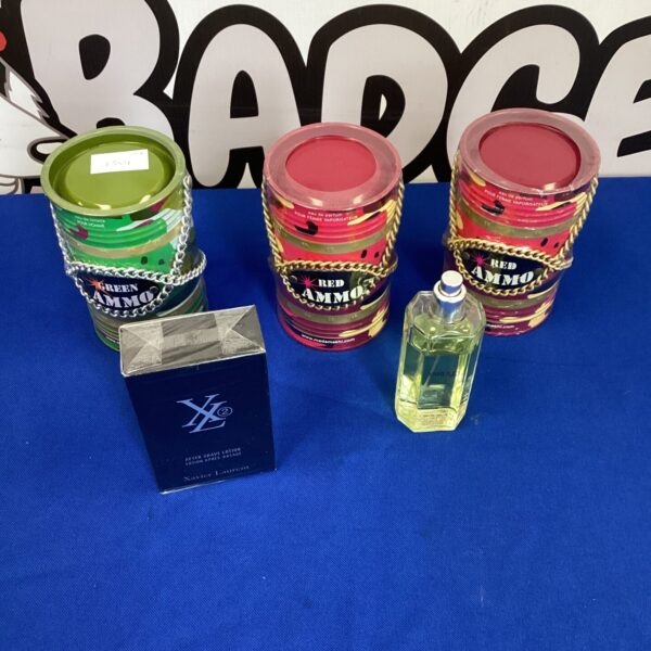 Vintage aftershave collection featuring colourful glass bottles.