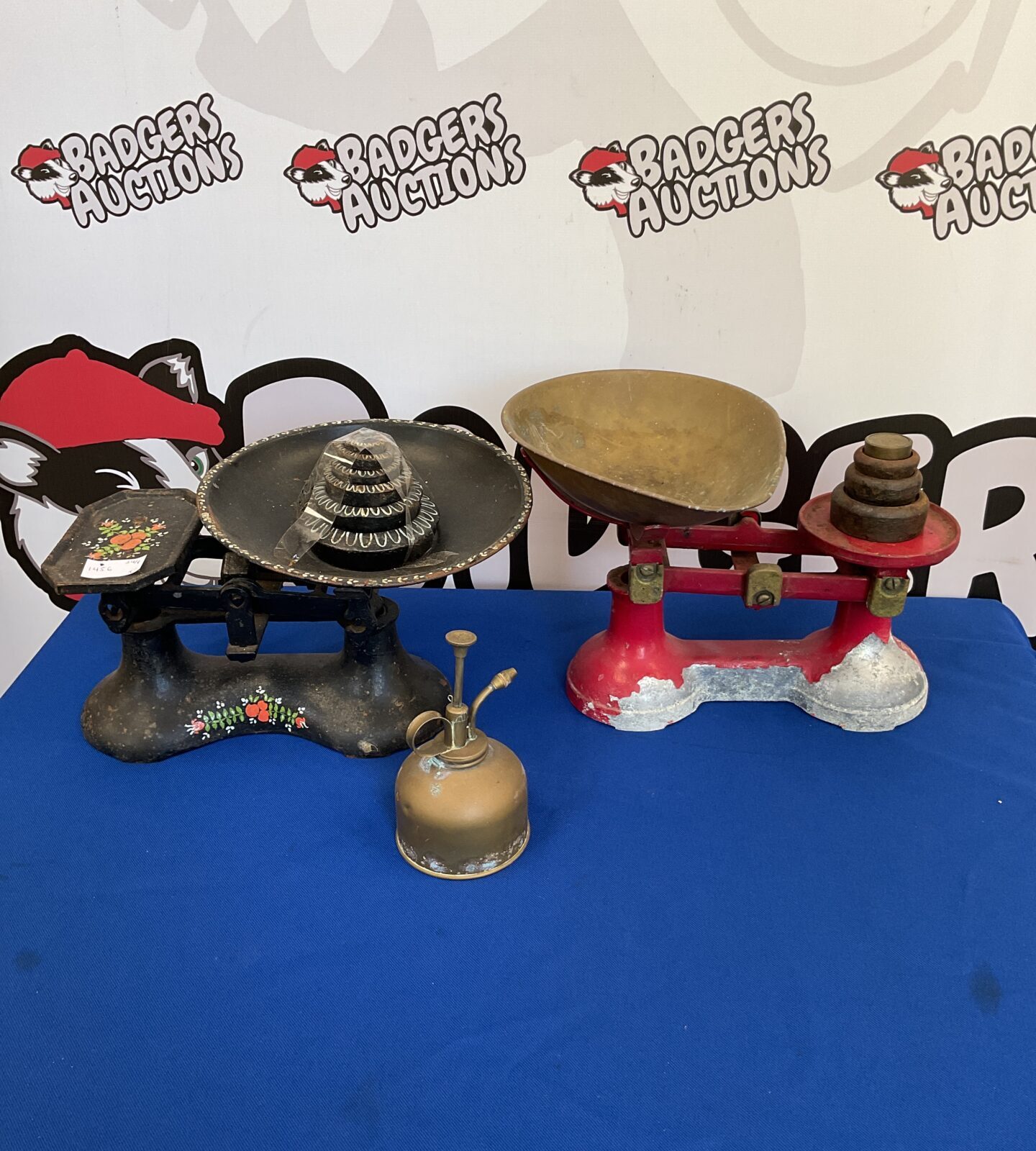 Two vintage sets of balance scales with brass plant sprayer