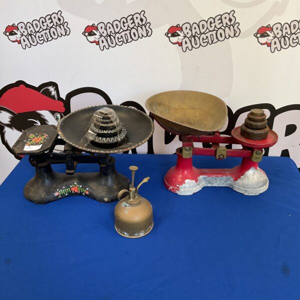 Two vintage sets of balance scales with brass plant sprayer