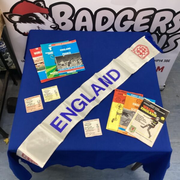 England football memorabilia collection including banner and tickets.