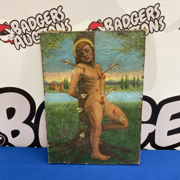 Antique oil painting of Saint Sebastian, bound and pierced with arrows.