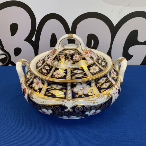 Antique Royal Crown Derby Imari lidded tureen with gold accents.