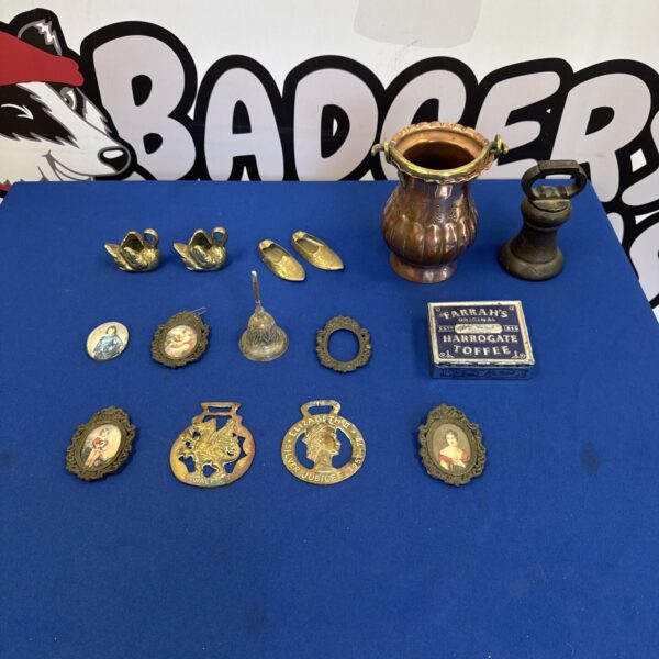 Antique brass and copper curios lot, vintage decorative items.