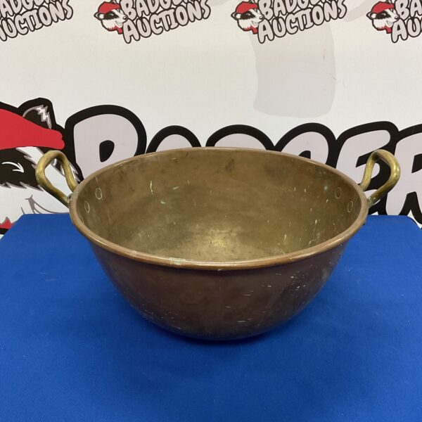 Large antique copper bowl with brass handles