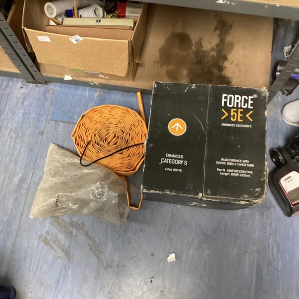 Box of cat5e network cable, roll of hose & a bag of wall ties