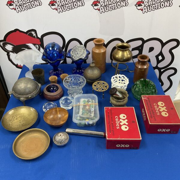Vintage mixed lot of collectibles including Oxo tins and glassware.