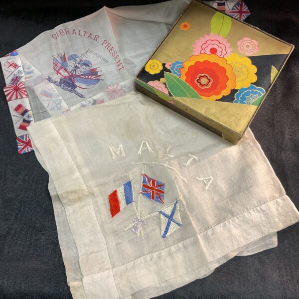 Vintage WW1 souvenir handkerchiefs from Malta and Gibraltar in Art Deco box.