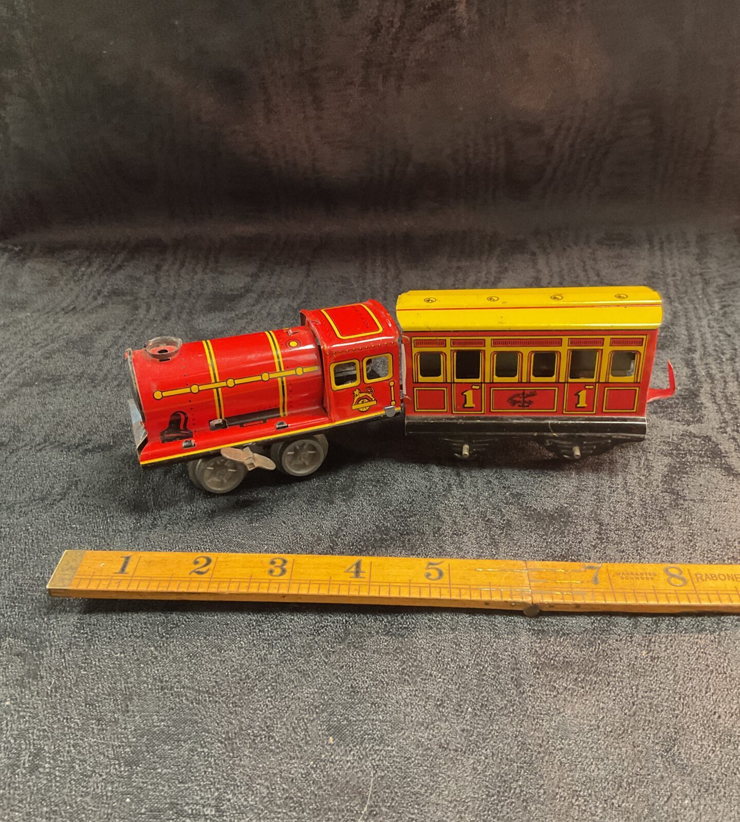 Vintage Brimtoy Brand British made Tinplate Clockwork train and carriage