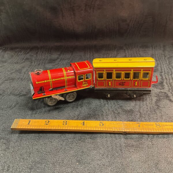 Vintage Brimtoy Brand British made Tinplate Clockwork train and carriage