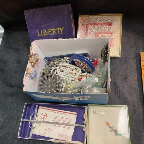 Mixed lot of vintage costume jewellery with Liberty handkerchief.
