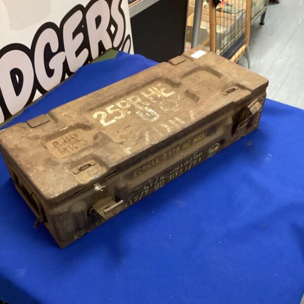 Vintage 1954 metal ammunition case with original markings.