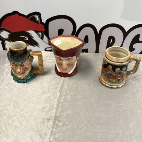 Vintage Royal Doulton character jugs in a lot of three, collectible pottery.