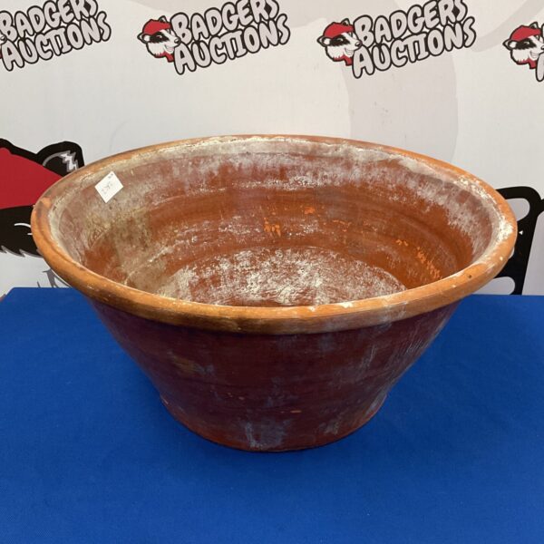 Large vintage terracotta bowl, 46cm diameter, rustic farmhouse style.