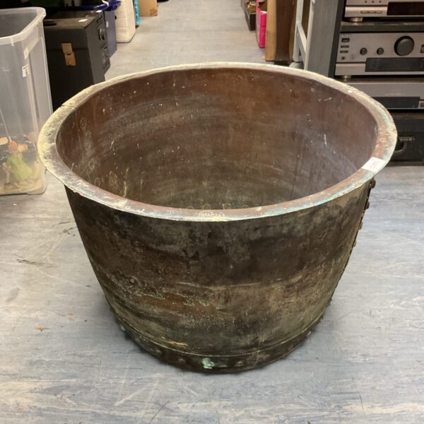 Large antique copper boiling pot marked GJ 58x40cm, vintage kitchenalia.