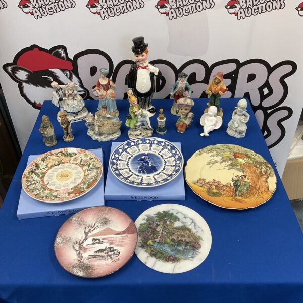 Collection of porcelain figurines & plates including royal doulton under the greenwood tree plate