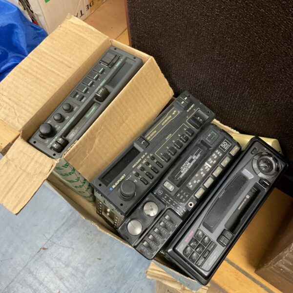 Box of retro car stereos including ford & blaupunkt