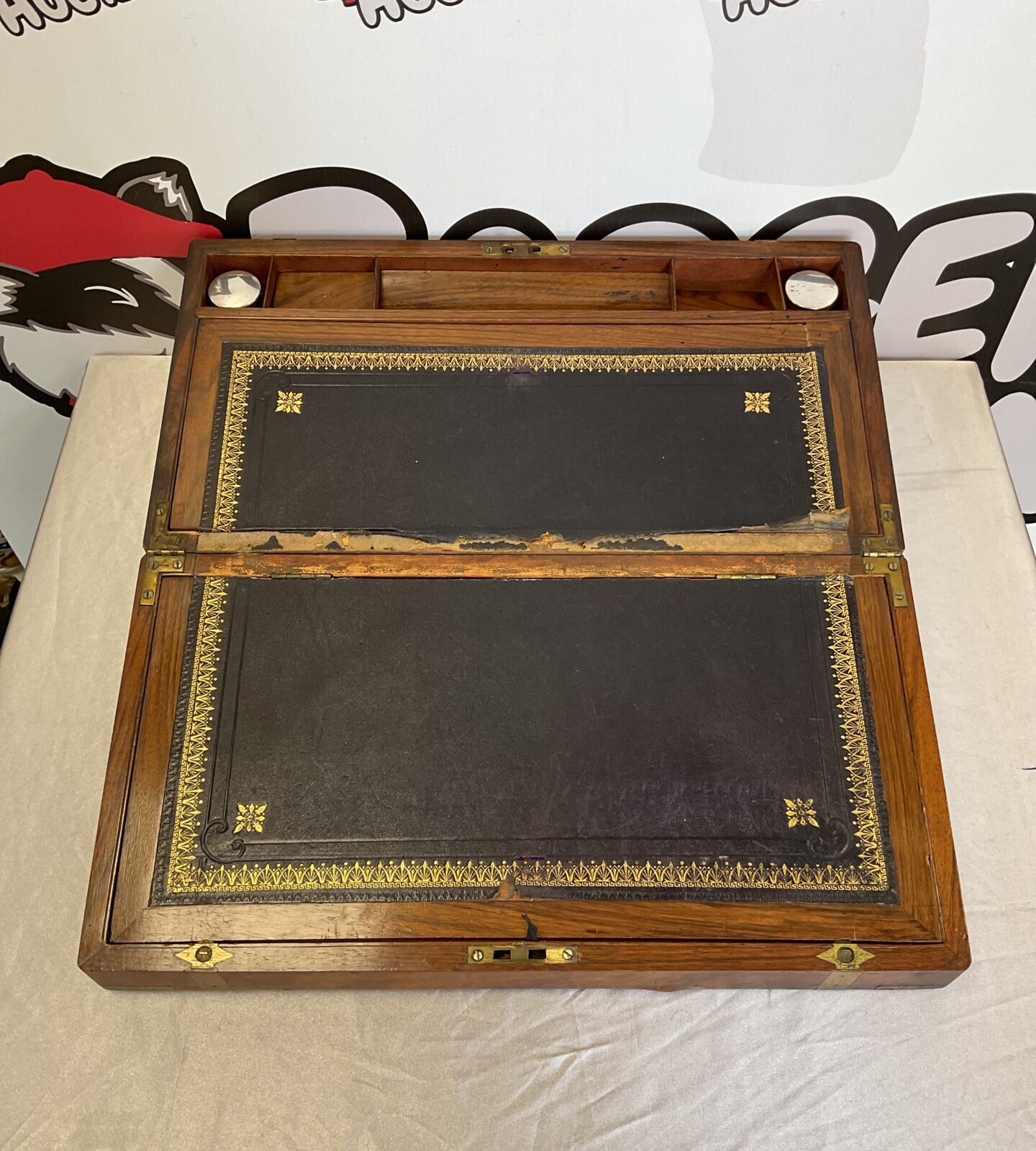 Antique brass banded writing slope with inkwells