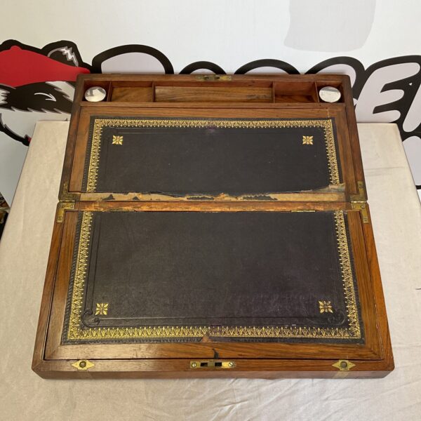 Antique brass banded writing slope with inkwells