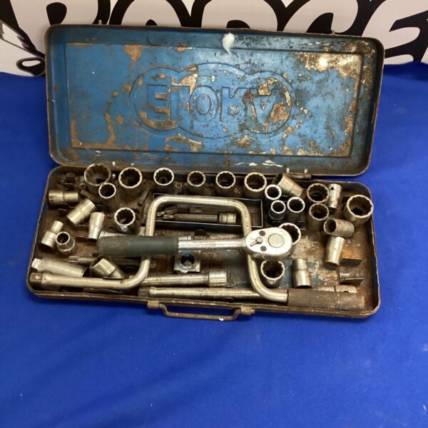 Vintage blue metal case containing a socket set.